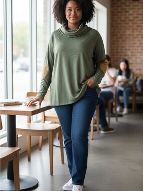 Market & Spruce Olive Green Marven Cowlneck Elbow Patch Knit Top Size XL NWT